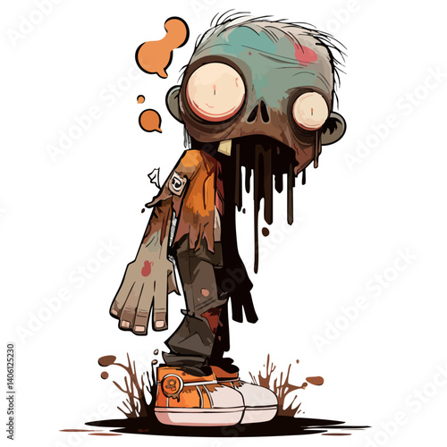 Vector illustration of a green zombie with rotting skin and torn clothes, horror-comedy style