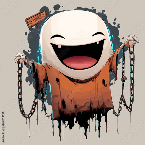 Vector illustration of a happy haunt with a glowing smile and floating chains, friendly ghost