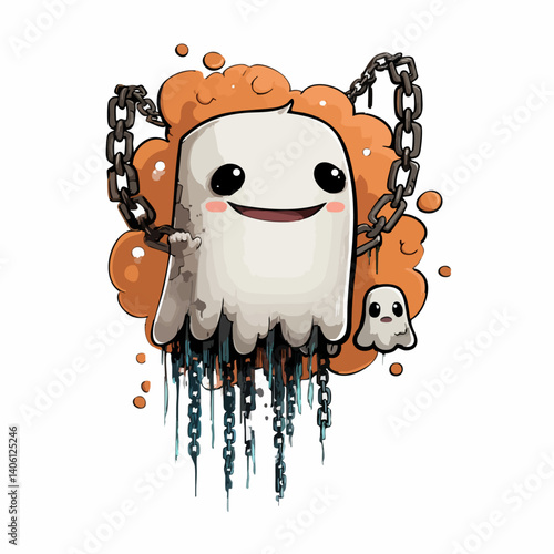 Vector illustration of a happy haunt with a glowing smile and floating chains, friendly ghost