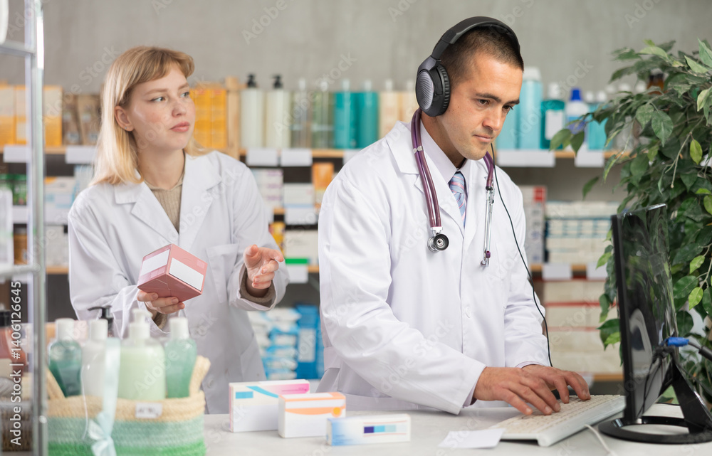 Man pharmacist works at computer using headset. Employee provides remote consultations over phone, provides information on availability of drugs. Girl assistant in background Man pharmacist works at computer using headset. Employee provides remote consultations over phone, provides information on availability of drugs. Girl assistant in background