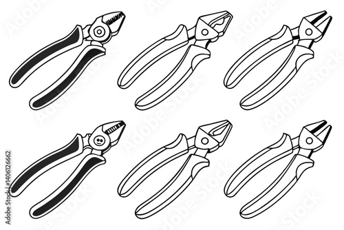 Collection of Pliers Vector Illustration, Hand Tools Outlines for DIY or Repair Designs.