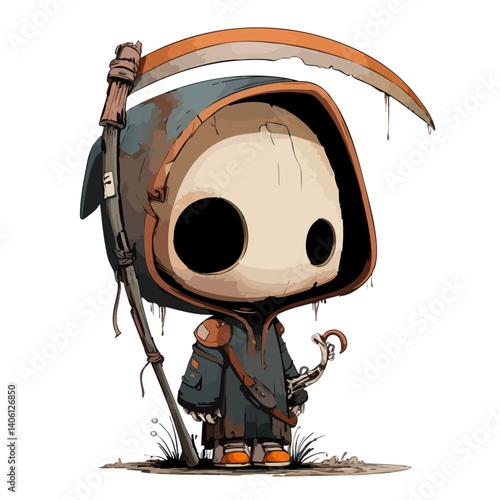 Vector illustration of a tiny reaper with a mini scythe and oversized hood, cute grim