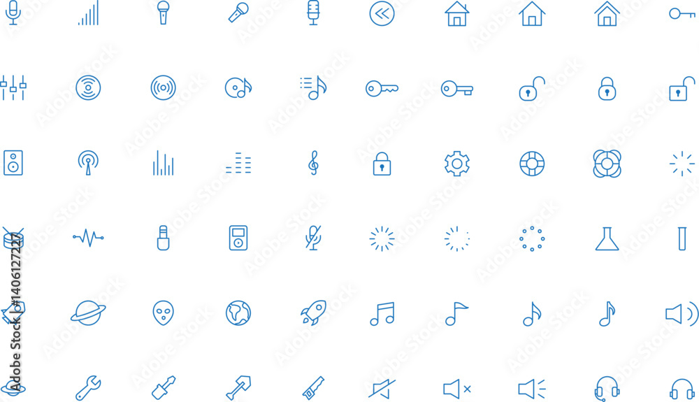 Technology Minimal Line Icons – Essential Vector Icon Pack. Includes Icons For: Audio & Music, Data & Tech, Multimedia & Control, Networking, Home & Access, Cosmic & Creative Extras