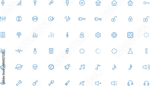 Obraz na płótnie Technology Minimal Line Icons – Essential Vector Icon Pack. Includes Icons For: Audio & Music, Data & Tech, Multimedia & Control, Networking, Home & Access, Cosmic & Creative Extras w salonie