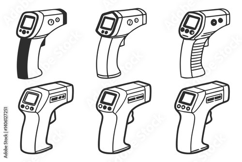 Collection of Infrared Thermometer Icons with Black and White Outline Isolated on White.