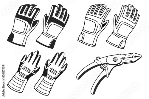Stylized Black and White Outlined Work Gloves and Riveter Set Vector Illustration
