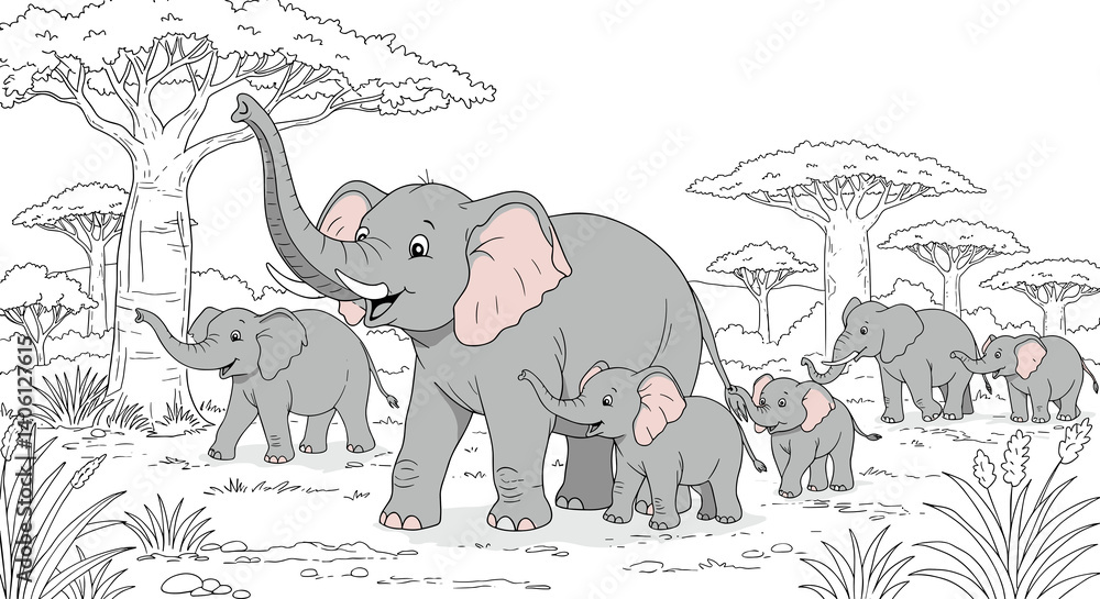 Naklejka premium Happy elephants family exploring nature in a coloring book style 
