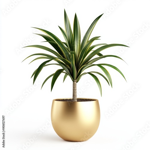 Dracaena plant in gold pot, studio shot, white background, home decor