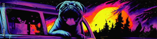 Colorful Vector Illustration of Happy Dog Racing Head Out of Car Window Vibrant Sunset Scene with Forest Silhouette Artistic Purple and Orange Sky Dog Puppy Enjoying Ride