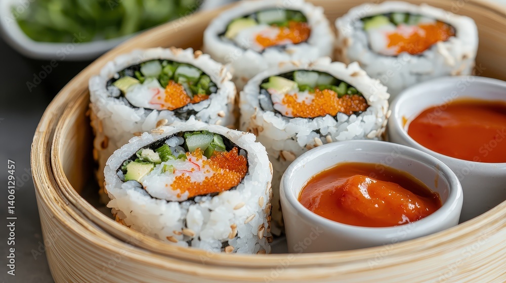 Delightful sushi rolls served in a bamboo steamer with vibrant sauces, showcasing fresh ingredients and rich flavors in a cozy setting, perfect for an enjoyable dining experience Delightful sushi rolls served in a bamboo steamer with vibrant sauces, showcasing fresh ingredients and rich flavors in a cozy setting, perfect for an enjoyable dining experience