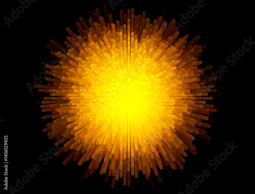 Dynamic abstract image featuring a golden light burst with rectangular rays emanating from the center, set against a black background - concept  of energy,  intensity, modernity, technology...
