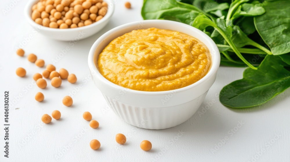 Healthy yellow split pea dip served with fresh spinach and protein-rich soybeans on a minimalist kitchen backdrop, ideal for nutritious snacking or entertaining guests Healthy yellow split pea dip served with fresh spinach and protein-rich soybeans on a minimalist kitchen backdrop, ideal for nutritious snacking or entertaining guests