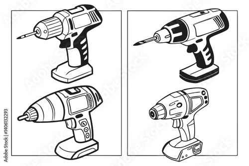 Black and White Drill Illustration Set: Carpentry and Construction Equipment for DIY Projects