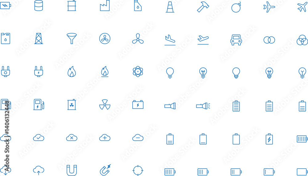 Technology Minimal Line Icons – Essential Vector Icon Pack. Includes Icons For: Energy & Power, Industry & Tools, Cloud & Data, Transport, Illumination, Science & Elements
