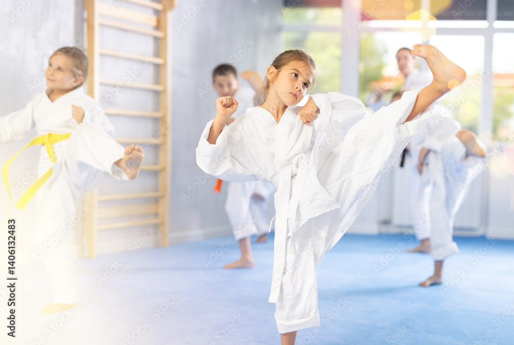 Young karate students gather in dojo to practice their kicks and punches under the watchful eye of their sensei. Young karate students gather in dojo to practice their kicks and punches under the watchful eye of their sensei.