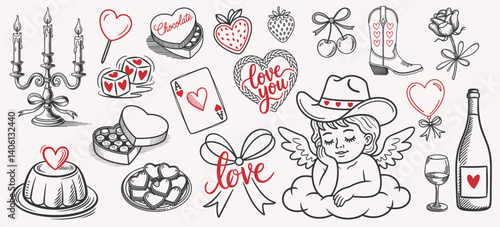 Cute vector sketch elements decorated with coquette bows, ribbons and doves. Flowers, love, hearts, champagne and martini. Elegant vintage angel with bow. Hand drawn line art vector illustrations for 
