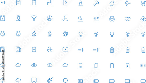 Obraz na płótnie Technology Minimal Line Icons – Essential Vector Icon Pack. Includes Icons For: Energy & Power, Industry & Tools, Cloud & Data, Transport, Illumination, Science & Elements w salonie
