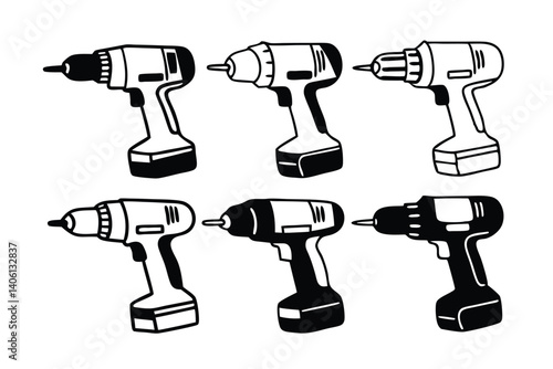 Set of Isolated Hand Drawn Screwdrivers, Black and White Doodle Construction Tools