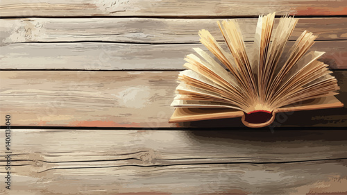 Vintage Open Book on Wooden Table with Old Pages - Classic Literature and Reading Concept