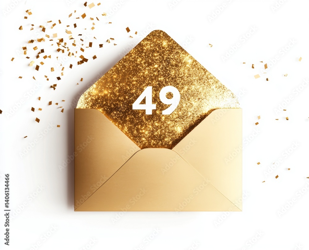 Golden envelope, number 49, confetti, celebration, background