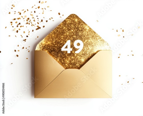 Obraz na płótnie Golden envelope, number 49, confetti, celebration, background w salonie