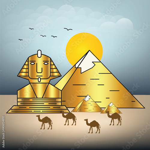 Giza ancient Egyptian pyramids, camels, sunset birds in clouds with blue background, illustration art