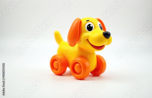 Colorful plastic wind-up dog toy on white background. Orange, yellow toy for children. Playful puppy kids development, childhood fun. Education, learning, preschool. Isolated object, studio shot.