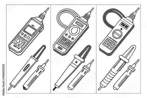 Line art illustration of different types of soldering tools and station equipment.
