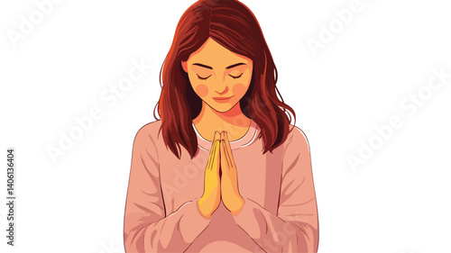 Serene Woman Praying with Folded Hands Vector Illustration isolated on white background