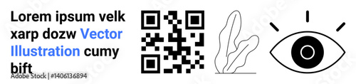 QR code alongside an abstract plant and open eye symbol underlined by placeholder text. Ideal for technology, security, scanning, awareness, digital interaction, branding, simple landing page