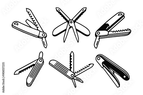 Multifunctional Pocket Knife Icons Set, Black and White Line Art Design, Versatile Tool.