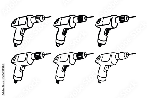 Black and white vector illustration featuring different electric drills on a transparent background.
