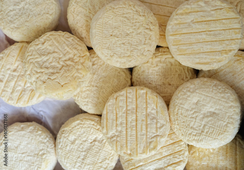 Fotografi Rocamadour soft cheese with soft rind produced on farm,  farmers market soft che
