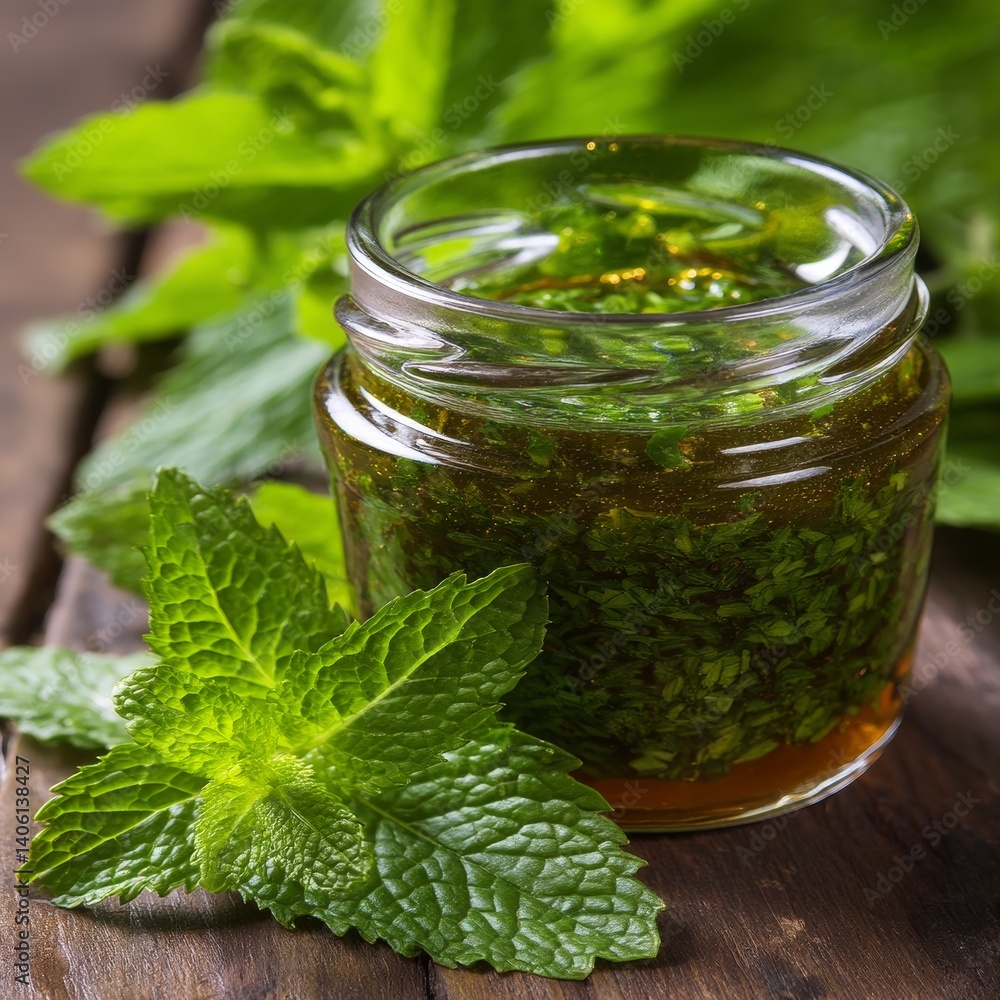 Fresh Organic Mint Herb Oil: DIY Culinary Arts with Essential Flavors in Glass Jars on Rustic Vintage Wooden Background Fresh Organic Mint Herb Oil: DIY Culinary Arts with Essential Flavors in Glass Jars on Rustic Vintage Wooden Background