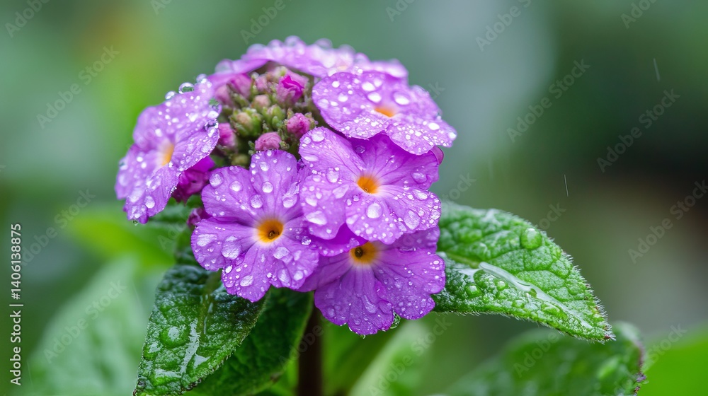 Close up of purple lantana flowers covered in water droplets with a blurred green background outdoors Close up of purple lantana flowers covered in water droplets with a blurred green background outdoors