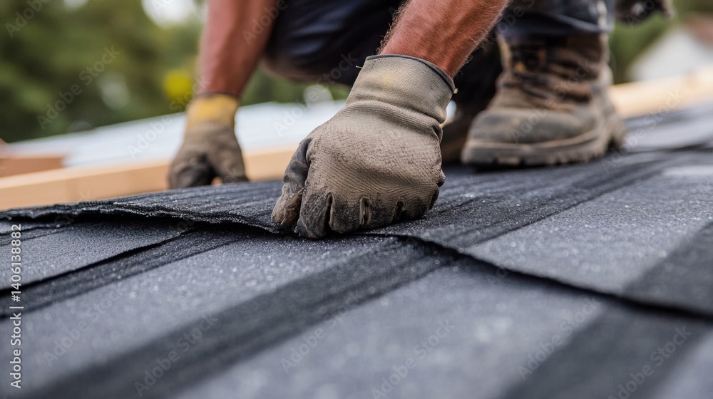 Roofing worker installing underlayment on a roof. Featuring technical expertise and safety Roofing worker installing underlayment on a roof. Featuring technical expertise and safety
