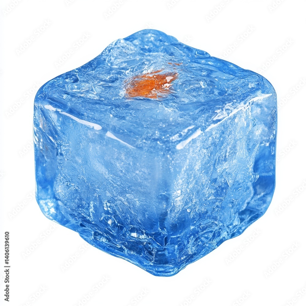 Frozen goldfish in ice cube, studio shot, white background, food preservation Frozen goldfish in ice cube, studio shot, white background, food preservation