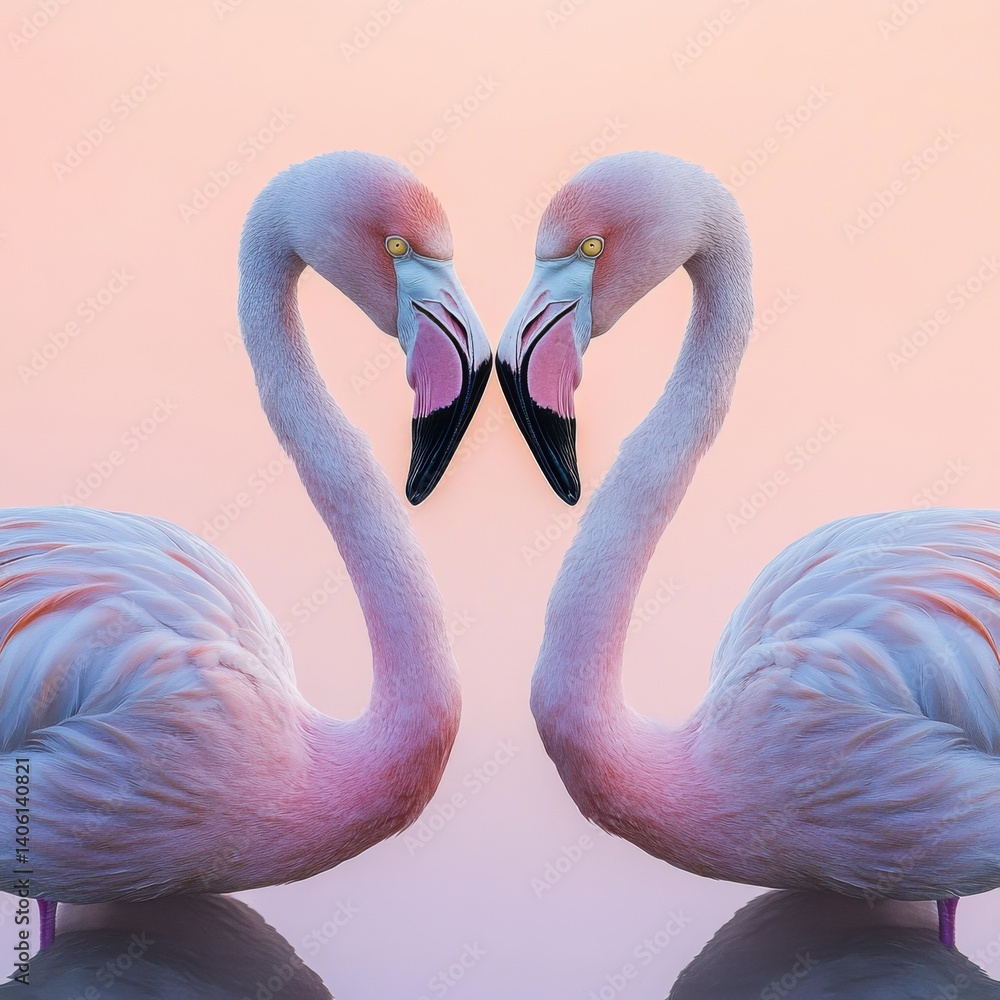 Naklejka premium Flamingo in symmetrical stance with golden hour lighting and mirrored composition, with negative space above