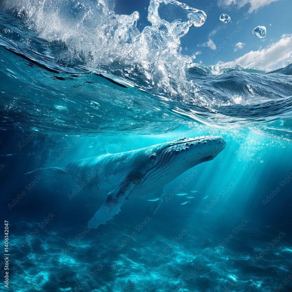 Fototapeta premium Graceful Humpback Whale Underwater: Tranquil Marine Life and Ocean Conservation Photography