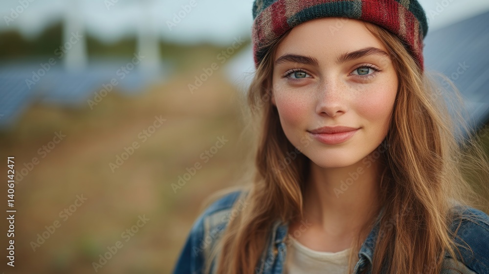 A young individual wearing a colorful beanie and denim jacket standing outdoors with a serene A young individual wearing a colorful beanie and denim jacket standing outdoors with a serene