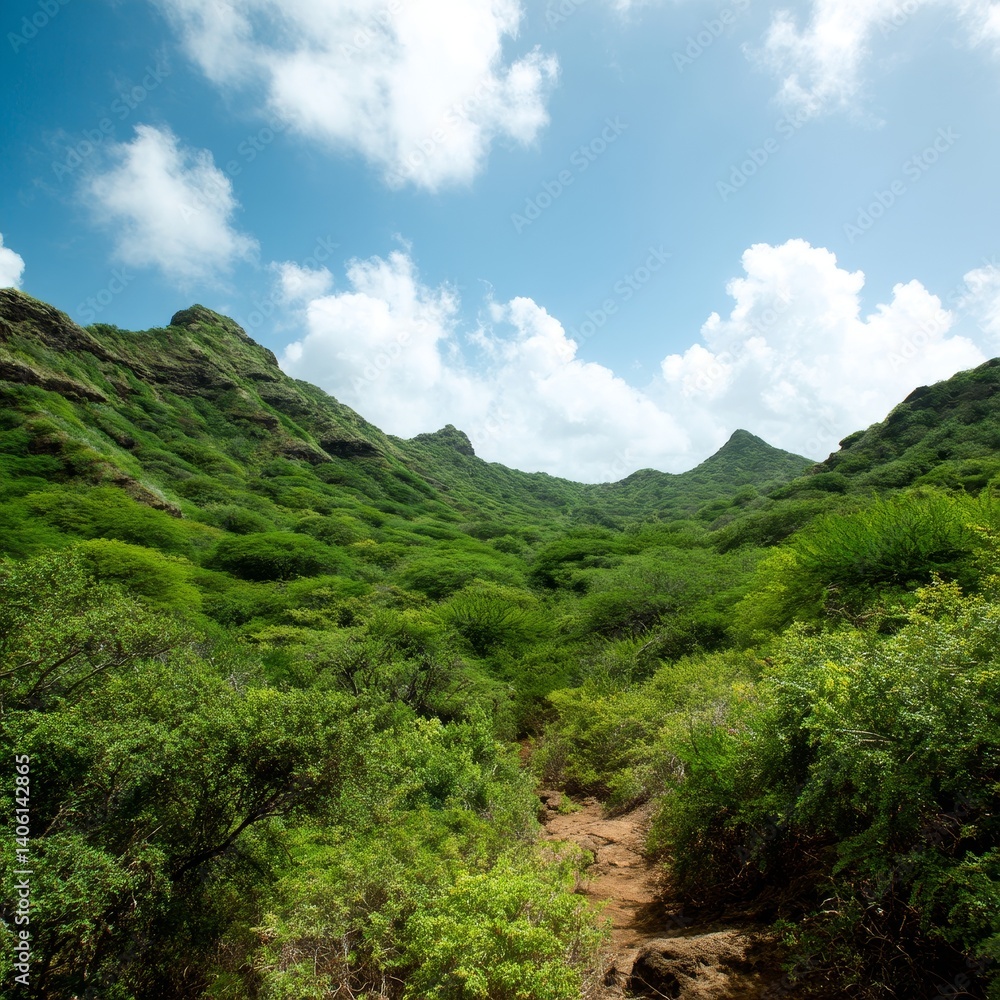 Naklejka premium Breathtaking Mountain Range Landscape: Explore Nature Trails & Scenic Pathways in a Tranquil Wilderness