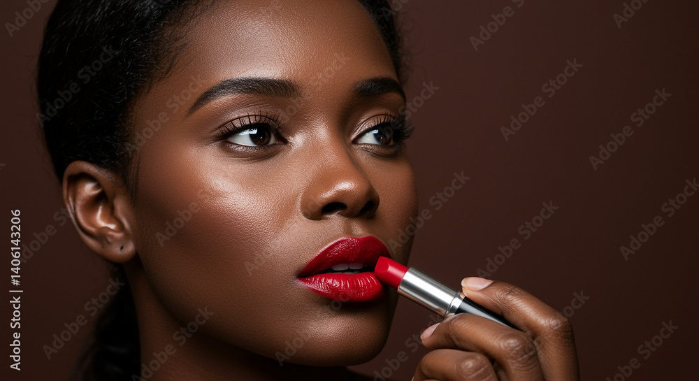 Lipstick application by beautiful African American woman with dark skin in beauty style and makeup concept Lipstick application by beautiful African American woman with dark skin in beauty style and makeup concept