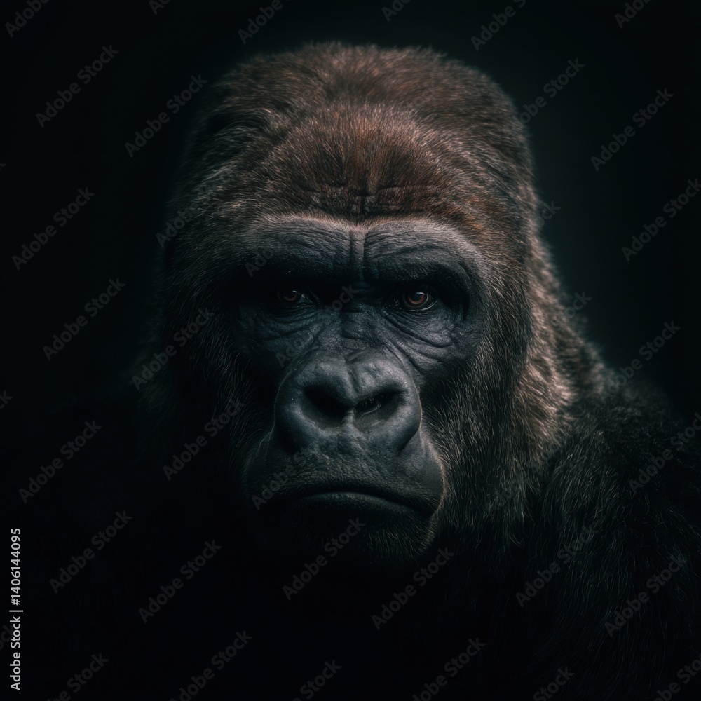 Fototapeta premium Gorilla symmetrical face portrait with diffused lighting and centered framing