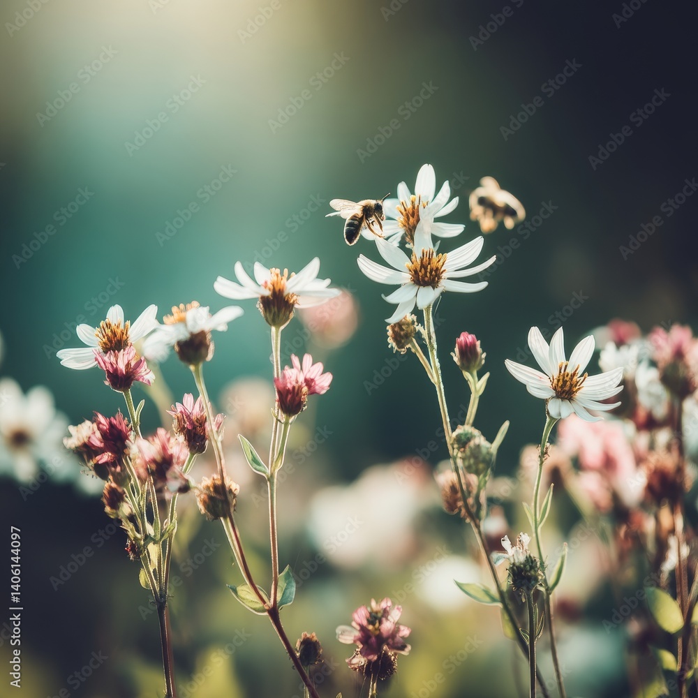 Vibrant Wildflowers in Bloom: Close-Up of Colorful Blossoms and Busy Bees in a Scenic Spring Field Vibrant Wildflowers in Bloom: Close-Up of Colorful Blossoms and Busy Bees in a Scenic Spring Field