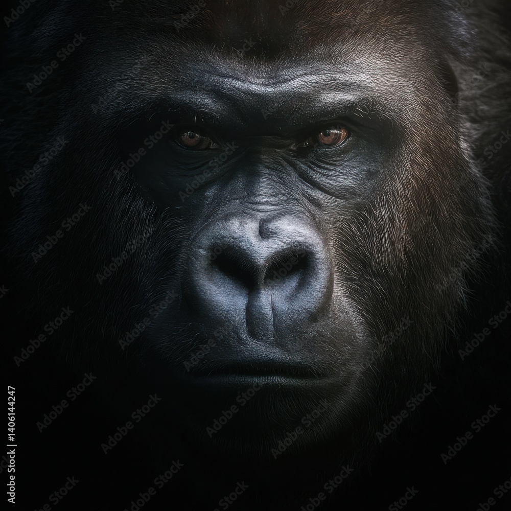 Obraz premium Gorilla symmetrical face portrait with diffused lighting and centered framing