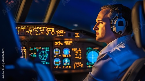 Serious pilot in shadows with illuminated cockpit instruments preparing for flight during the evening : Generative AI