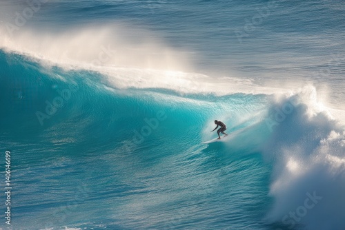Hawaiian surfer riding wave and bright sunlight with space for text on right