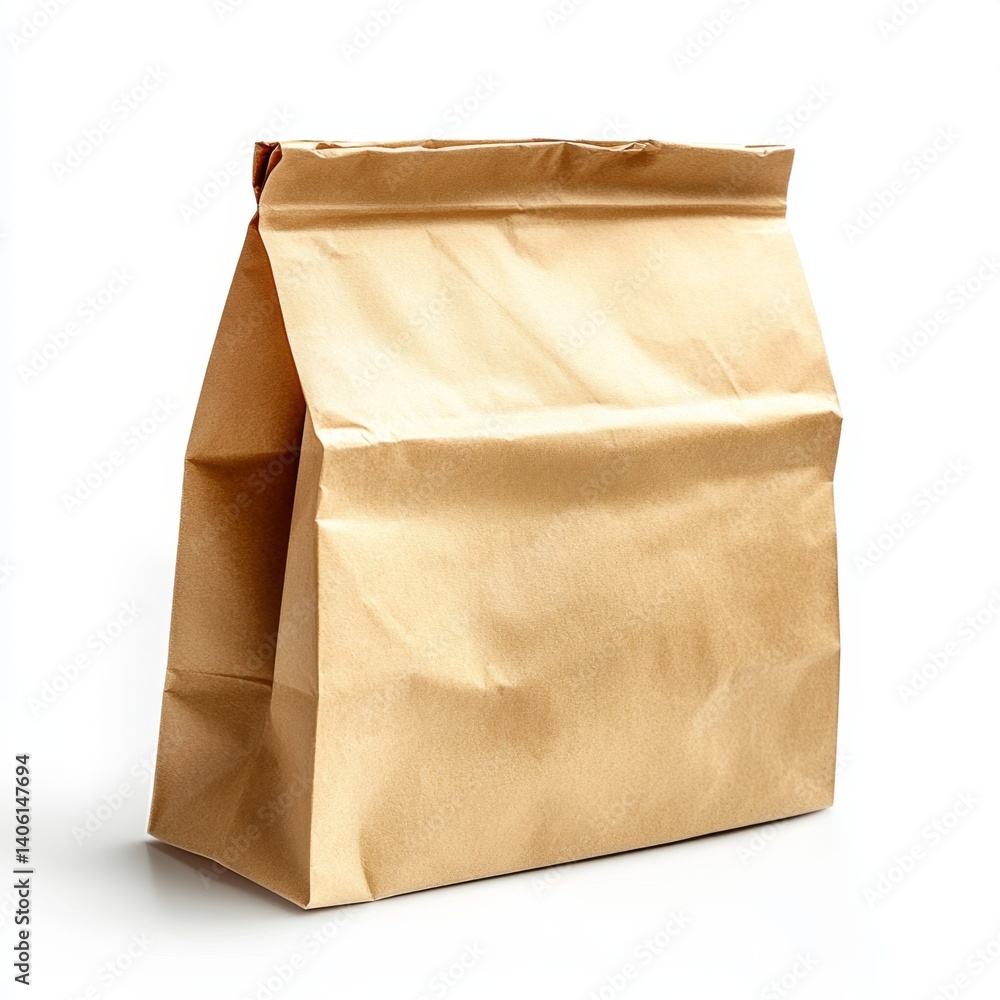 Brown paper lunch bag studio shot, white background, food packaging