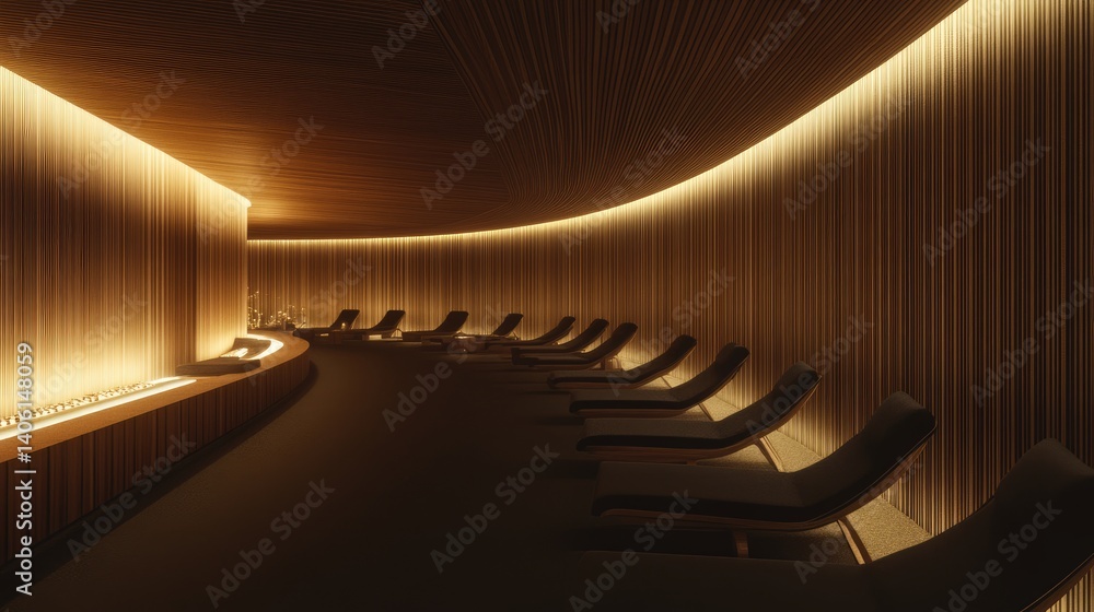 Obraz premium Modern spa lounge with curved wooden walls and plush recliners.
