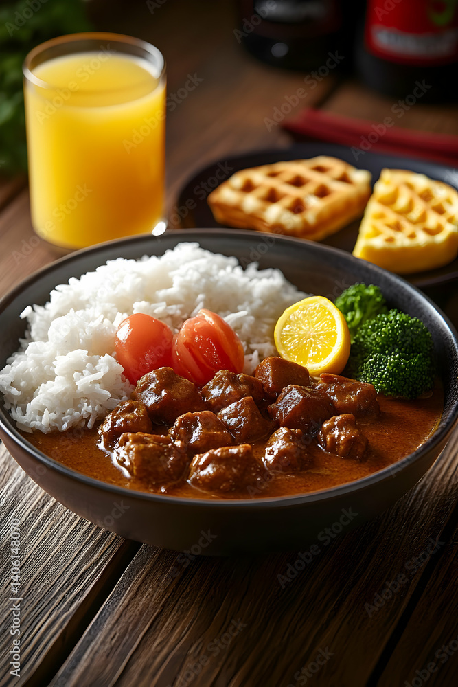 Beef Curry Meal With Rice, Waffles, And Orange Juice Beef Curry Meal With Rice, Waffles, And Orange Juice